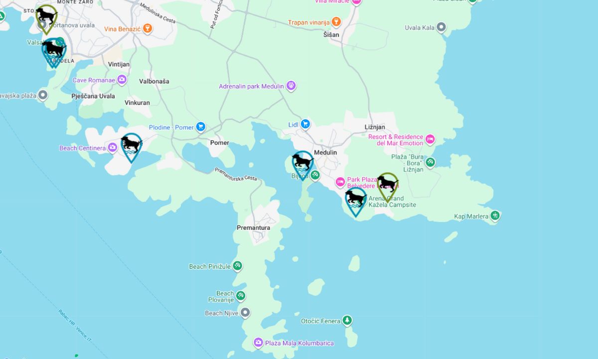 Kaart met hondenstranden bij Medulin